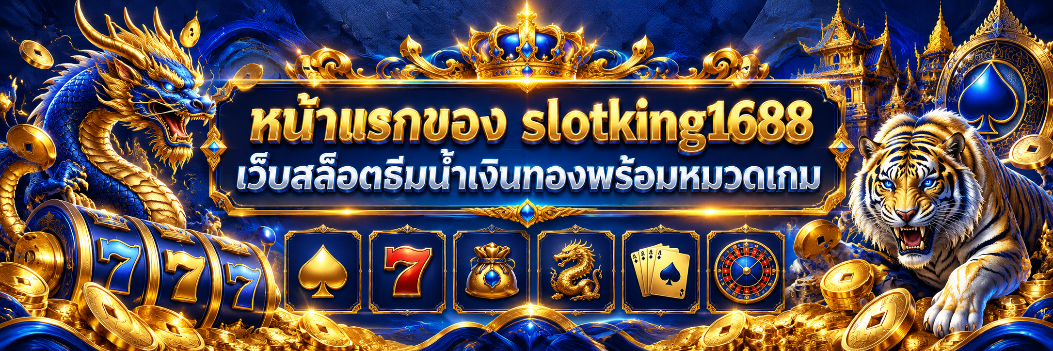หน้าแรกของ slotking1688 เว็บสล็อตธีมน้ำเงินทองพร้อมหมวดเกม